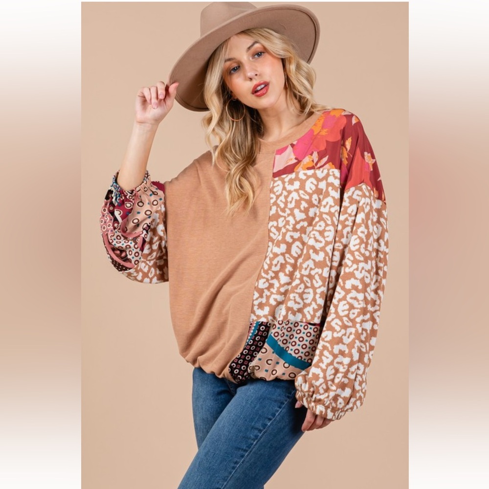 Boho Animal and Floral Print Long Sleeve Top